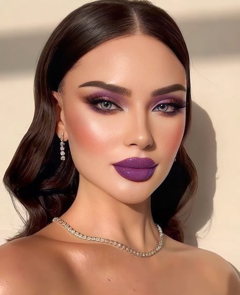 Purple Lips Makeup Look, Purple Lipstick Makeup Look, Purple Lipstick Looks, Dark Purple Makeup Looks, Smokey Purple Eye Makeup, Purple Wedding Makeup, Purple Lipstick Makeup, Purple Lips Makeup, Makeup Bibir