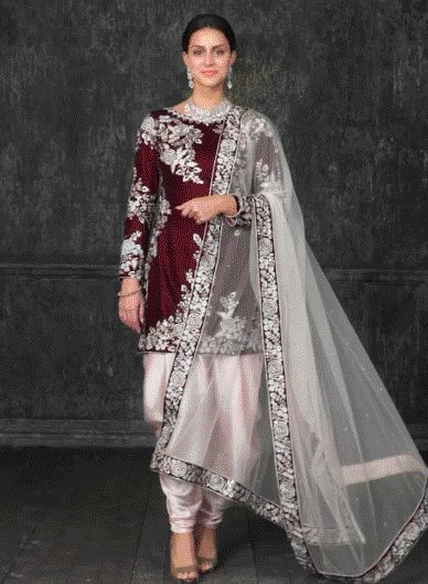 Dhoti Kurti, Handpainted Suits, Wine Colored Dresses, Colour Combinations Fashion, Velvet Dress Designs, Women Dress Online, Indian Designer Suits, Deep Maroon, Indian Gowns Dresses