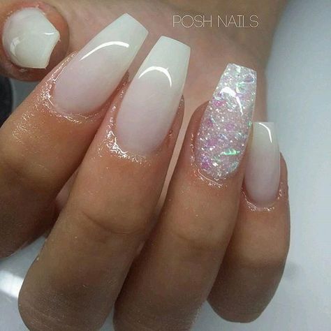 Short Coffin Nails Designs, Posh Nails, Hoco Nails, Milky Nails, White Glitter Nails, White Acrylic Nails, Unique Acrylic Nails, Nail Jewelry, Homecoming Nails