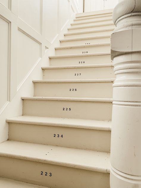 Numbered Stairs – Farmhouse Stairway Makeover Numbered Stairs, Farmhouse Stairway, Stairs Farmhouse, Staircase Wall Decor Ideas, Stairway Makeover, Stairway Gallery, Batten Walls, Farmhouse Staircase, Farmhouse Stairs