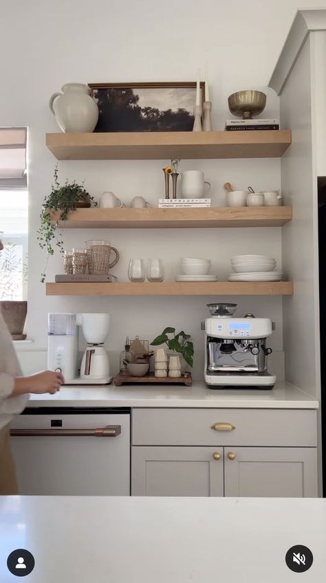 Farmhouse Kitchen Floating Shelves, Kitchen Shelf Inspiration, Coffee Station Ideas Countertop, Kitchen Floating Shelves Decor, Coffee Bar Ideas Home, Kaffe Station, Kitchen Shelf Styling, Floating Kitchen Shelves, Coffee Station Ideas