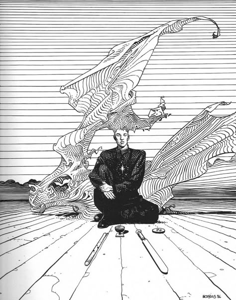 Jean Giraud (Moebius) - Surrealism Today Perspective Sketching, Inking Practice, Jean “moebius” Giraud, Fantasy Journal, Pen Test, Moebius Art, Jean Giraud, Quill Pen, Mike Mignola