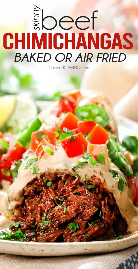 Shredded Beef Chimichanga Recipe, Chimichanga Beef, Beef Chimichangas, Chimichanga Recipe, Mexican Shredded Beef, Carlsbad Cravings, Sour Cream Sauce, Mexican Dinner, Shredded Beef