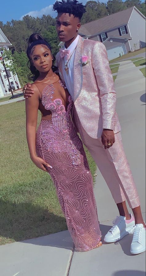 Prom Date Outfits Matching, Pink And Tan Prom Couple, Pink And Brown Prom Couple, Black Couple Homecoming, Pink Prom Outfits For Couples, Pink Prom With Date, Pink And White Prom Black Couple, Pink Prom Date Couple, Black Prom Couples