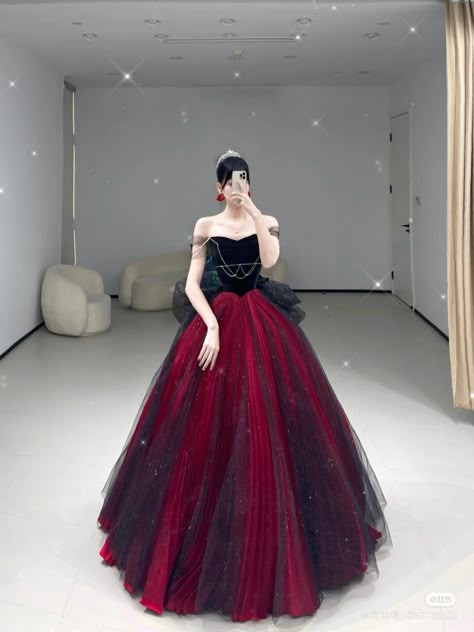 Red Fairytale Prom Dress, Black And Red Princess Dress, Red And Black Dress Prom, Red And Black Ball Gown, Dark Red Ball Gown, Mideval Dress, Korean Gown, Red And Black Gown, Red Wedding Gowns