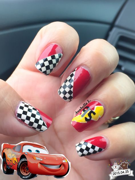 DRK-D Lightning McQueen nail mani Car Show Themed Nails, Lightning Mcqueen Nail Art, Disney Cars Theme Nails, Disney Cars Nail Art, Lightning Mcqueen Nails Acrylic, Lightning Mcqueen Party Games, Sport Nail Designs, Pixar Cars Nails, Cars Nails Designs