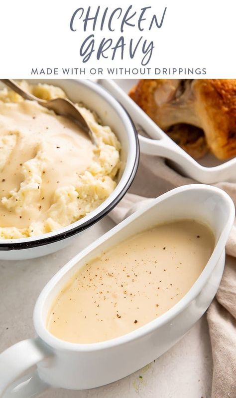 This classic chicken gravy is rich and savory, made with or without drippings for the perfect sauce! You'll want to keep this recipe on hand to make over and over, and it's easy enough to whip together anytime. #thanksgiving #gravy #easy #chickengravy Gravy Recipe Thanksgiving, Dripping Gravy, Easy Chicken Gravy, Gluten Free Gravy, Chicken Gravy Recipe, 40 Aprons, Thanksgiving Gravy, Pepper Gravy, Recipe Thanksgiving