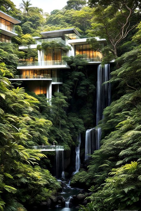 Rain Forest House Aesthetic, Forest Mansion Modern, Fantasy Jungle House, Futuristic Rainforest, Futuristic Jungle House, Penthouse Apartment Exterior, Cool Mansions, Luxury Landscape, Magical House