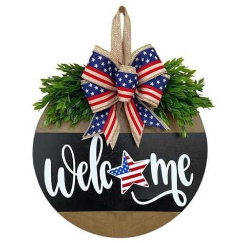 4th Of July Welcome Sign, Patriotic Door Wreath, Sign For Front Door, Welcome Signs Front Door, Wreath Hanging, Memorial Day Wreaths, Wood Wreath, Summer Door Wreaths, Front Door Signs