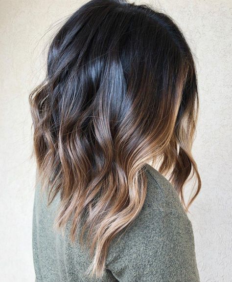 Long Black and Bronde Balayage Lob #ombrehaircolors Choppy Lob, Angled Haircut, Balayage Lob, Brown And Blonde, Bronde Balayage, Short Hair Balayage, Balayage Brunette, Penteado Cabelo Curto, Brown Blonde Hair