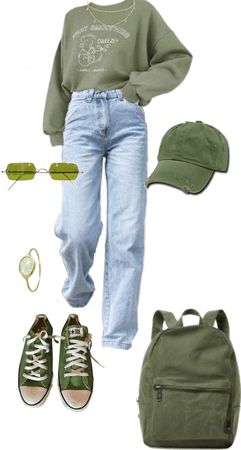 Yellow Green Outfit Aesthetic, Green Outfit For School, Modern Outfits For School, Tomboy Green Outfits, Matcha Inspired Outfits, Cute Green Outfits Casual, Green Back To School Outfits, Green Indie Outfit, Green Outfit Board