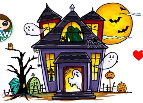 Spook huis Draw A Haunted House, Simple Castle, Easy Haunted House, Scary Castle, Haunted House For Kids, Haunted House Drawing, Easy Halloween Drawings, Simple House Drawing, House Drawing For Kids