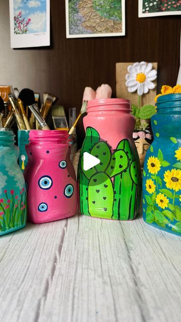 Coffee Bottle Painting, Coffee Bottle Art, Nescafe Bottle Art, Things To Do With Starbucks Glass Bottles, Starbucks Glass Bottle Crafts Diy, Diy Jars Painting Aesthetic, Clay Art On Glass Jar, Coffee Jar Crafts, Jar Painting