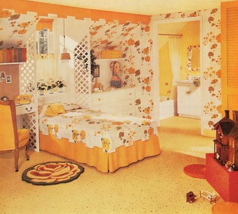 A teen-age girl gets her very own room. 1950s 1950s Bedroom, Vintage Bedroom Sets, 1950s Home Decor, Retro Rooms, Yellow Bedroom Decor, Retro Bedrooms, 1950s House, Children Bedroom