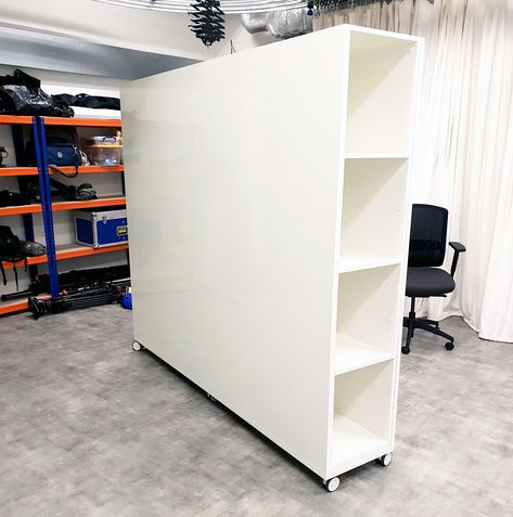 Mobile whiteboard wall with storage | Logovisual Ltd Diy Movable Wall, Diy Moveable Wall, Modular Privacy Wall Room Divider, Whiteboard Room Divider, Moveable Walls Room Dividers Wheels, Partition Wall Movable, Wall On Wheels, Transformer Furniture, Wall With Storage