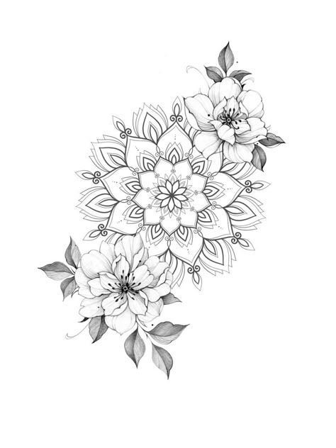 Mandala Tattoo Drawing Design, Cute Mandala Tattoos, Girly Mandala Tattoo, Ornamental And Flower Tattoo, Mandala Flower Sleeve Tattoo, Mandala Flowers Tattoo Design, Delicate Mandala Tattoo Design, Flowers With Mandala Tattoo, Mandala Flowers Design