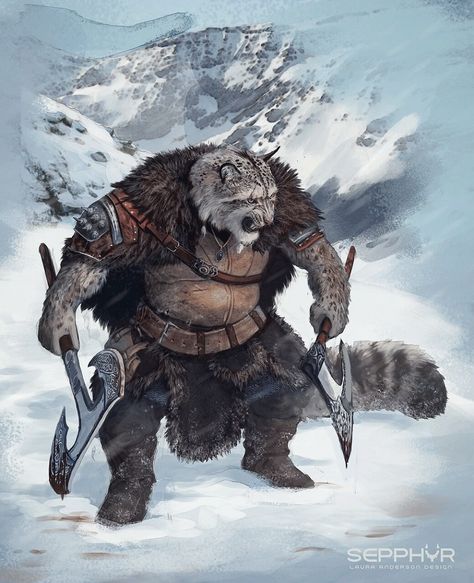 m Tabaxi Barbarian Medium Armor Cloak Necklace Dual Battle Axe Wilderness Mountain valley Snow Ice by Laura Anderson lg Tabaxi Barbarian, Tabaxi Druid, Barbarian Druid, Tabaxi Art, Laura Anderson, Barbarian Costume, Costume Viking, Viking Character, Class Inspiration