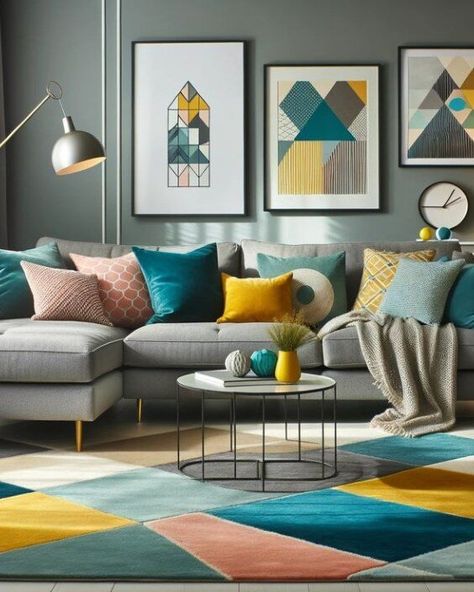 Save this pin for a pop of color in your living room! Explore a rainbow of inspiration with these vibrant decor ideas. #HomeDecor #LivingRoomIdeas #ColorfulInteriors Living Room Sofa Teal, Colourful Living Room With Grey Sofa, Grey Sofa Colourful Cushions, Grey Living Room Ideas With Pop Of Color, Grey And Teal Living Room, Teal Sofa Living Room Decor, Grey Yellow Living Room, Teal And Grey Living Room, Room With Pops Of Color