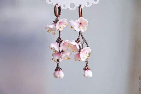 Polymer clay cherry blossoms jewelry Sakura Accessories, Clay Cherry, Cherry Blossom Jewelry, Fimo Diy, Polymer Clay Tutorials, Diy Polymer Clay, Fake Gauge Earrings, Polymer Clay Flower Jewelry, Earrings Polymer