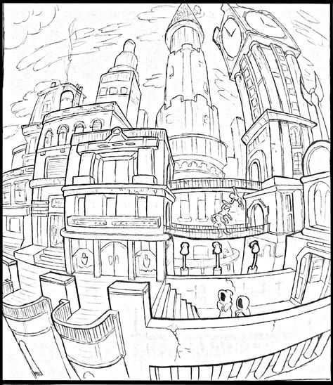 Fish-Eye Fantastical City by sovietpenguin27.deviantart.com on @deviantART Fish Eye View Perspective Drawing, Fisheye Building Drawing, Fish Eye City Drawing, Fish Eye Perspective, Aquarium Perspective Drawing, Fish Eye City, 5 Point Perspective, Eye Sketch, City Drawing