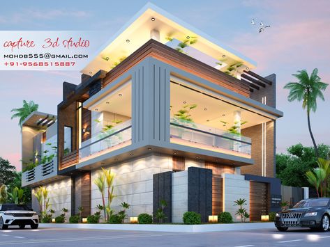 Exterior house design Corner Site Elevation, Corner Elevation Design Modern, Corner House Design Exterior, Modern Residential Building Design, Corner House Elevation Design, Corner House Elevation, Corner House Design, Corner Elevation, Modern Residential Building