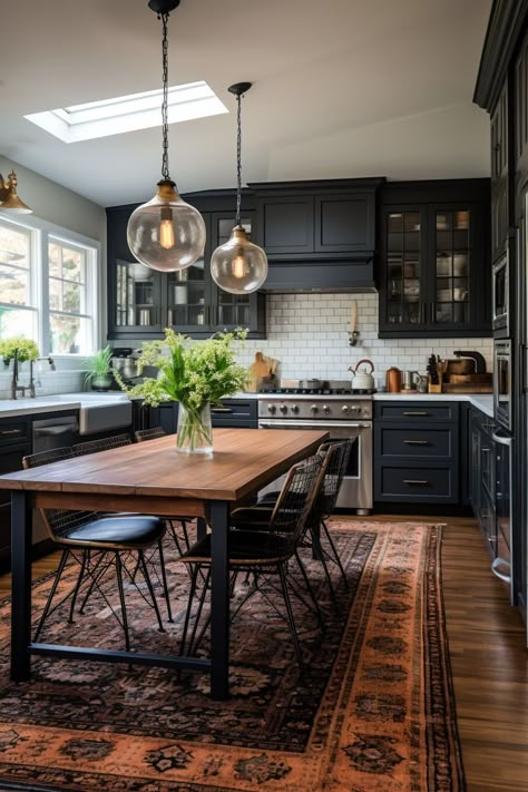 Discover the allure of moody farmhouse kitchen ideas that blend the warmth of traditional rustic design with a hint of contemporary drama. Embrace deep, rich color palettes, weathered wood accents, and vintage-inspired fixtures to infuse your kitchen with an inviting ambiance. Let the interplay of dark hues and natural textures transport you to a space that exudes timeless charm and modern elegance. Oasis Decor, Moody Farmhouse, Moody Kitchen, Farmhouse Kitchen Ideas, Dark Kitchen, Desert Oasis, Boho Kitchen, Black Cabinets, Farmhouse Dining Room