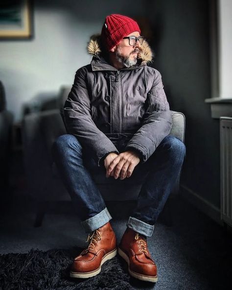 Dominic's Denim on Instagram: "It's now cold enough to get this bad boy back in my rotation. 💨🌨️🖤🌧️💨 @fredperry Black Winter Parka @fatmoosebrand Brown Jumbo Cord Overshirt. @lee101official Orange Rider Sweatshirt. @bravestarselvage The Regular Taper Cone Mills 13oz Selvedge Jeans. @redwingheritage 875 Moc Toe Boots. @hebtroco Port Alpaca Wool Beanie. #wintercoat #winterparka #fredperry #fredperryparka #autumnmood #autumnfashion #augustclothing #fallfashion #fallvibes #fashionstyle #fa Redwing Boots Outfit Mens Fashion, Mens Red Wing Boots Outfit, Moc Toe Boots Men Outfit, Red Wing Iron Ranger Outfit Mens Fashion, Red Wing Moc Toe Outfit, Redwing Boots Outfit, Red Wings Boots Outfit, Red Moc Toe Boots With Reinforced Toe, Red Wings Boots