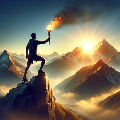 An image depicting an athlete standing on a mountain peak, holding a torch high, symbolizing triumph and perseverance. The background shows a sunrise, representing new beginnings and hope. The athlete is dressed in sportswear, conveying the connection to sports, while the mountain and sunrise embody the themes of overcoming challenges and new opportunities. This image resonates with Bible readers, illustrating the journey of faith and the victory of discipline and hard work. Victory Pictures, Bible Verse Template, Motivational Images Pictures, Perseverance Art, Sports Background, Hard Work Images, New Beginning Images, Graduation Gown And Cap, Warriors Pictures