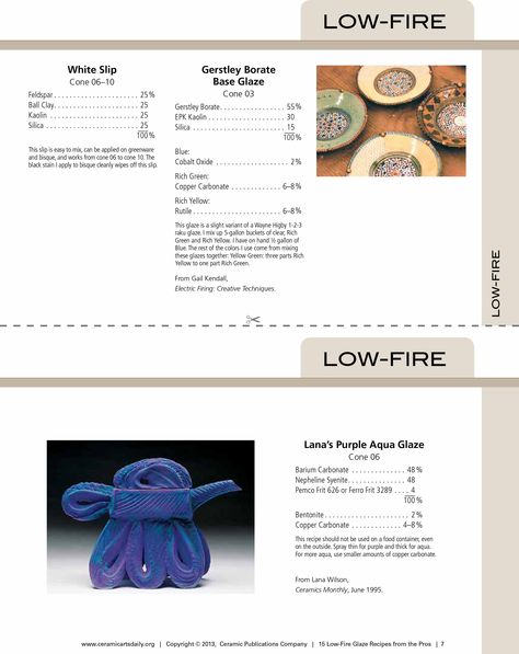 15 Low fire glaze recipes from the pros. Recipe cards for low-fire pottery gazes. www.ceramicartsdaily.com Ceramic Glaze Ideas, Guatemalan Art, Ceramics Glaze, Ceramic Glazing, Ceramic Glaze Recipes, Fire Food, Ceramics Studio, Glaze Ideas, Ceramic Glazes