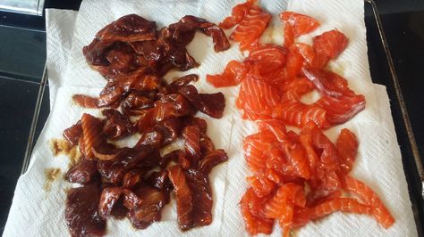 Salmon Jerky Recipe, Candied Salmon Recipe, Candied Salmon, Salmon Candy, Dehydrated Recipes, Salmon Jerky, Fish Jerky, Lemon Pepper Salmon, Diet Soup