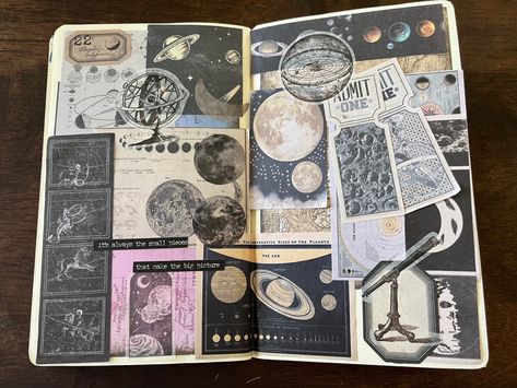 Space Theme Journal Page, Astronomy Junk Journal, Space Themed Scrapbook, Galaxy Junk Journal, Space Junk Journal, Space Journal Ideas, Astrology Scrapbook, Aesthetic Junk Journal, Space Theme Journal