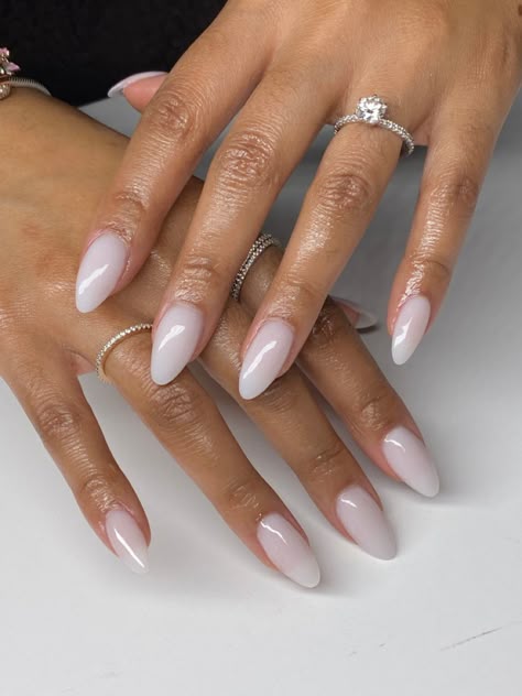 Gel Nails Feminine, Natural Almond Nails Milky White, Clear White Almond Nails, Almond Milky Pink Nails, Acrylic Nails For Women Over 40, Pointed Oval Nails, Gel X Nail Shapes, Milky White Short Almond Nails, Classy Almond Nails Ideas Summer