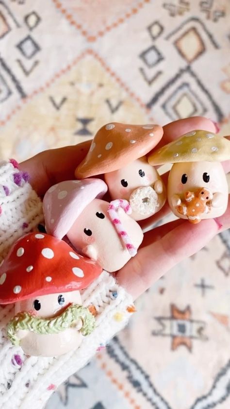 Amanda Escoe (@amandaescoe) • Instagram photos and videos Cute Mushroom Sculpture, Clay Gifts For Best Friend, Christmas Clay Craft Ideas, Mushroom Modeling Clay, Diy Ideas To Do With Friends, Handmade Gift Christmas, Air Dry Clay Crafts To Sell, Fall Crafts With Friends, What To Make With Polymer Clay