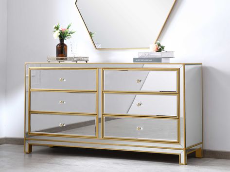 Elegant Lighting Reflexion Antique Gold Six-Drawers Double Dresser | EGMF72036G Mirrored Bedroom, Contemporary Dresser, Mirrored Bedroom Furniture, Mirror Panels, Glam Bedroom, Contemporary Cabinets, Moving Furniture, Modern Mirror, Double Dresser