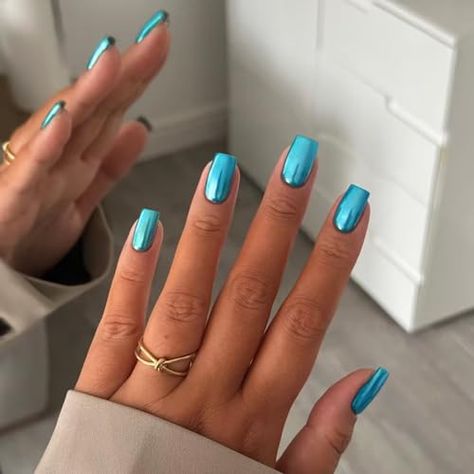 Turquoise Nail Designs, Blue Chrome Nails, Teal Nails, Turquoise Nails, Nail Acrylic, Blue Chrome, Mirror Metal, Nails Press, Winter Nails Acrylic