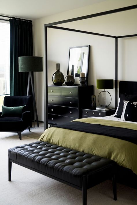 30 Trendy Black and Dark Green Bedroom Ideas for Modern Living Black Bed With Green Bedding, Green Bed Decor, Black White And Green Bedroom, Green Black Bedroom, Bedroom With Black Furniture, Black And Green Bedroom, Black And Dark Green Bedroom, Dark Green Bedroom Ideas, Four Poster Bedroom