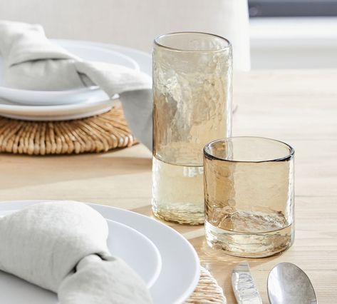 Handmade Hammered Tall Drinking Glasses - 18.6 oz. | Pottery Barn Pottery Barn Dishes, Tall Drinking Glasses, Kitchen Vibes, Glass Wear, Short Glass, Glassware Drinking, Beauty Water, Colored Glassware, Organic Lines