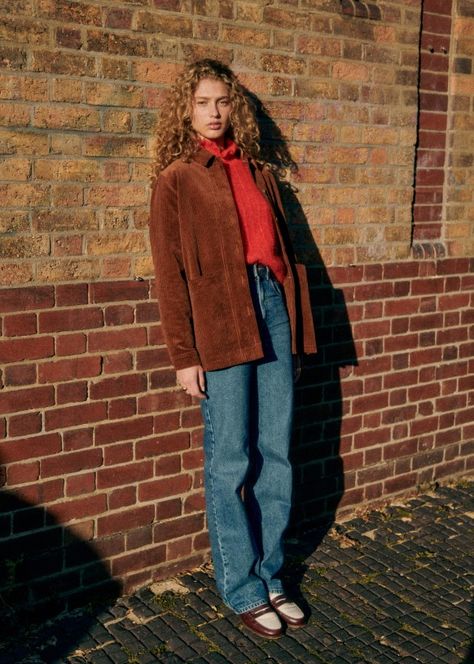 Corduroy Jacket Outfit, Sezane Fall, Oversized Corduroy Jacket, Brown Corduroy Jacket, Preppy Winter, Checked Jacket, Cotton Textile, Jacket Outfit, Red High