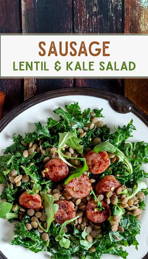 Salad recipes | Kale salad with sausage and lentils. A fun new spin for an Octoberfest recipe, or any other time of the year. This is also hearty enough to have as a salad for dinner.   Fast enough for a quick weeknight dinner, ready in 20 minutes. Salad With Sausage, Health Salad Recipes, Salad With Mustard Dressing, Lentil Kale, Sausage Lentil, Recipes Kale, Filling Salad Recipes, Sausage Salad, Salad For Dinner