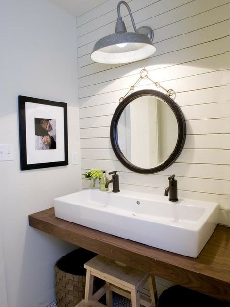 chunky wood floating bathroom vanity, rectangular white porcelain sink, --- love this floating vanity! Farmhouse Bathroom Decor Ideas, Bilik Air, Decor Baie, Bad Inspiration, Country Bathroom, Modern Farmhouse Bathroom, Small Bath, Basement Bathroom, Bathroom Update