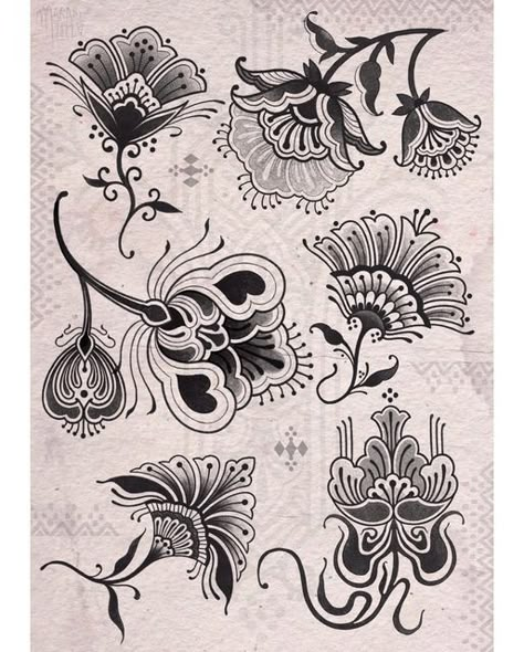 Ornamental Tattoo Cover Up, Simple Large Tattoos, Botanical Ornamental Tattoo, Traditional Flower Drawing, Traditional Flower Tattoo Design, Floral Ornamental Tattoo, Gothic Floral Tattoo, Art Deco Tattoo, Motifs Art Nouveau