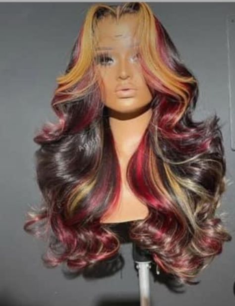 Multi Color Highlights, Red Skunk Stripe, Skunk Stripe, Ash Blonde Highlights, U Part Wigs, Color Highlights, Baby Hairs, 360 Lace Wig, Red Ombre