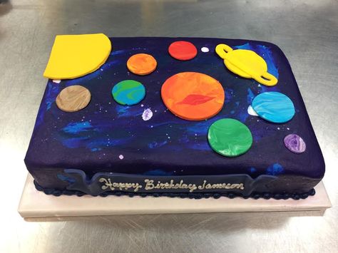 Solar System Sheet Cake - Adrienne & Co. Bakery Solar System Cake, Planet Birthday, Planet Party, Planet Cake, Galaxy Cake, Birthday Cake Pictures, Astronaut Birthday, Space Birthday Party, Outer Space Birthday