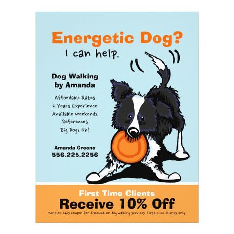 Dog Walker Walking Ad Coupon Border Collie Flyer Pet Sitting Flyer, Dog Walker Flyer, Dog Walking Flyer, Dog Sitting Business, Pet Care Business, Pet Sitting Business, Dog Walking Services, Shetland Sheepdog Puppies, Dog Green