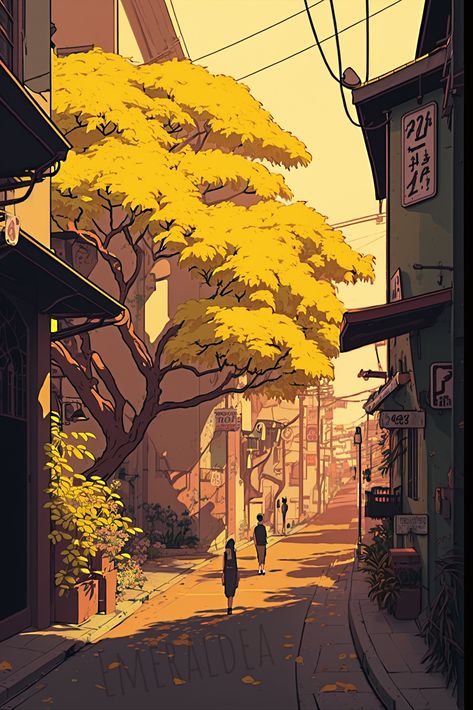 The yellow hues of the artwork evoke feelings of warmth and joy, while the anime-inspired style adds a playful touch to the scene. Yellow Anime Background, Yellow Japanese Aesthetic, Yellow And Brown Aesthetic, Yellow Anime Wallpaper, Brown And Yellow Background, Autumn Anime Wallpaper, Yellow Anime Aesthetic, Yellow Anime, Illustration Picture