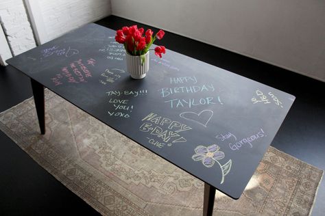 DIY Chalkboard Table | apt2b #2BHack Chalkboard Table Top, Make A Chalkboard, Diy Watch, Chalkboard Table, Diy Chalkboard, Banquette Seating, Chalkboard Paint, Dining Nook, Extendable Dining Table