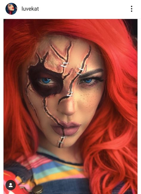 Chucky Makeup Female, Female Chucky, Chucky Makeup, Horror Cosplay, Chucky Costume, Female Makeup, Halloween Beauty, Best Friend Challenges, Makeup Easy