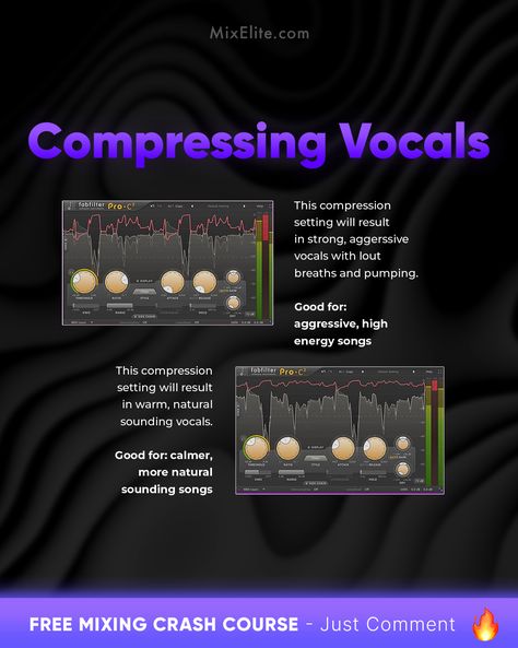 Free Mixing Crash Course 👉 MixElite.com/free-course ⁠ Vocal Magic ✨⁠ ⁠ Tired of dull vocals? Check this: Use fabfilter Pro C2 for compression.   #vocalmixing #musicproduction #fabfilter #producertips #mixingandmastering #recordingstudio #audioproduction #vocalproduction  ⁠ Vocal Mixing, Vocal Tips, Music Hacks, Music Basics, Music Theory Piano, Recording Studio Equipment, Music Engineers, Sound Engineering, Recording Music