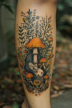 tattoo Mushroom Witch Tattoo, Mushroom Forest Tattoo Sleeve, Sternum Mushroom Tattoo, Mushroom Leg Sleeve Tattoo, Fantasy Nature Tattoo, Woodland Scene Tattoo, Garden Witch Tattoo, Black And White Mushroom Tattoo, Floral Fairy Tattoo