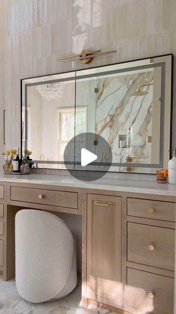 Bernice on Instagram: "one of the best decisions we made in this remodel was expanding the makeup vanity area - we made this vanity 76” long and 18” deep with drawers, accessories pullouts and hidden outlets, making this whole area so much more functional .   The LED mirror was such a good Home Depot find (!!) and has adjustable color temperatures, dimmable light and anti-fog feature SO good🤌   comment SEND for links to shop this space!   _______________________ #bathroomdesign #primarybathroom #beforeafterhome #bathroomtransformation remodel renovation reno ideas inspiration 90s bath before and after"